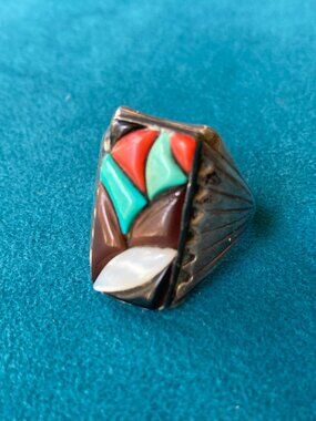 HUGE mens Zuni Native American Sterling Cobblestone Inlay Ring 13
